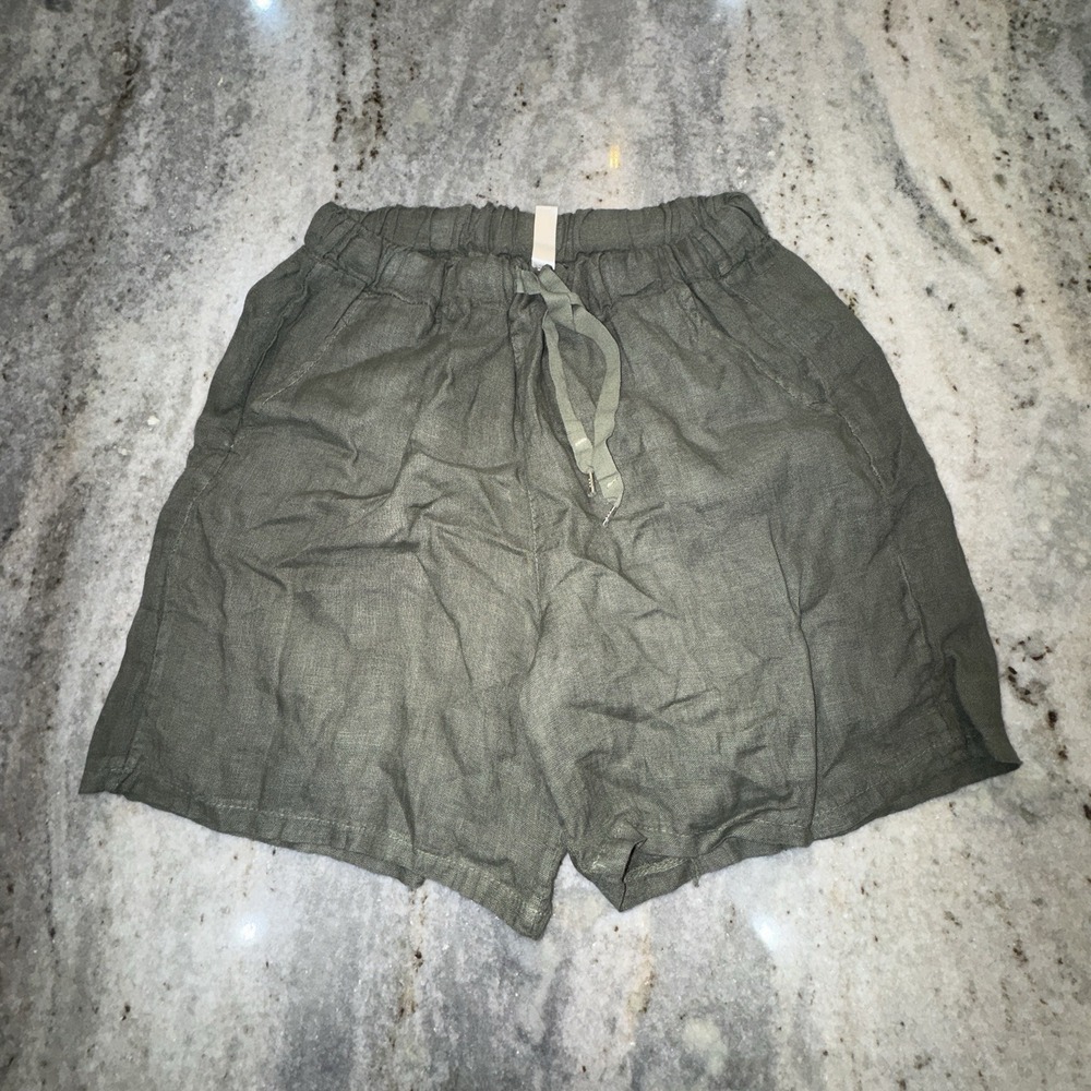 Women's‎ M/L 100% Linen Shorts Baggy Army Green Made In Italy Beach Drawstring